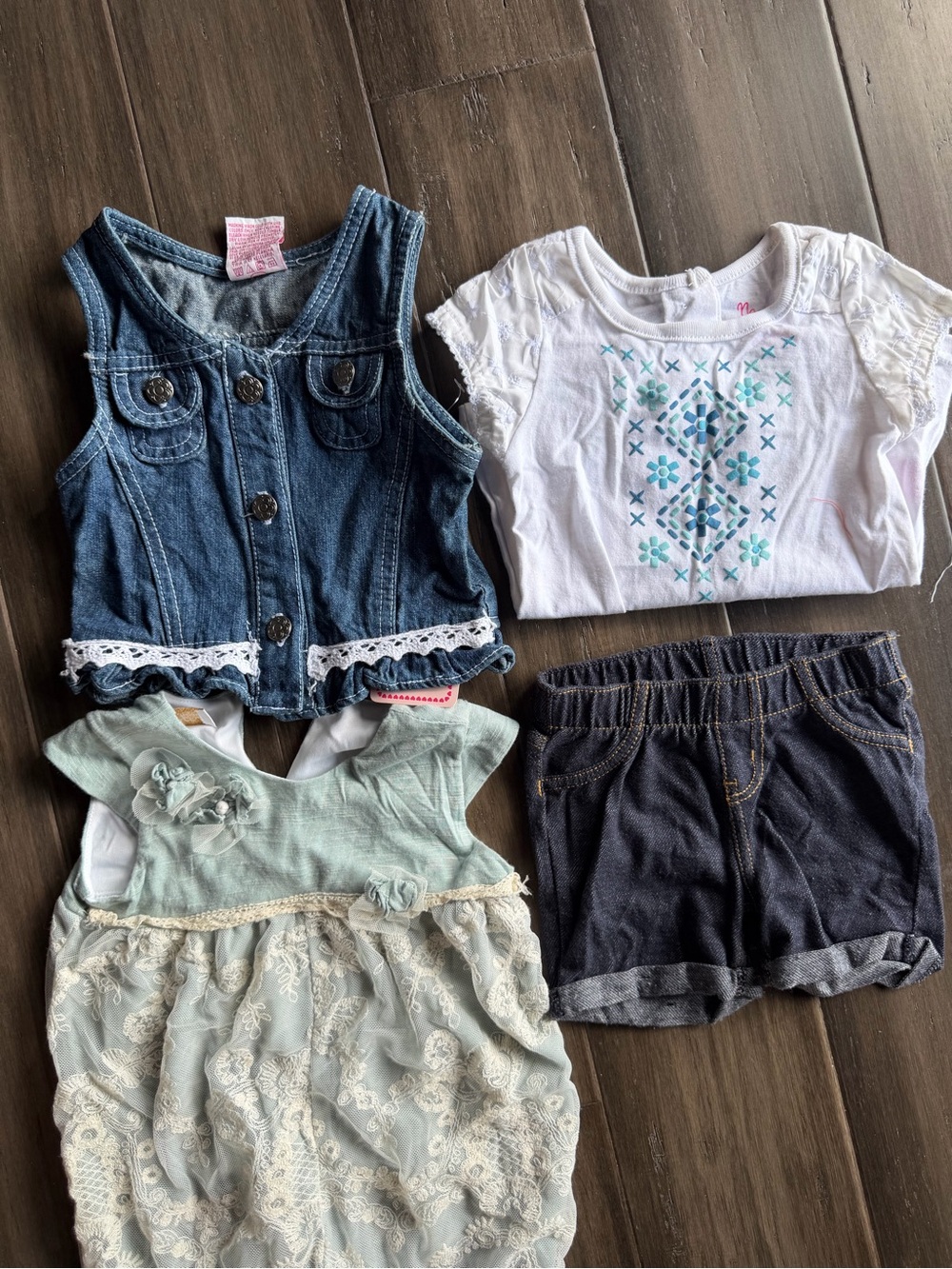 Mix It Girls Denim Vest and White Embroidered Tee Set - Blue, White, Mint
